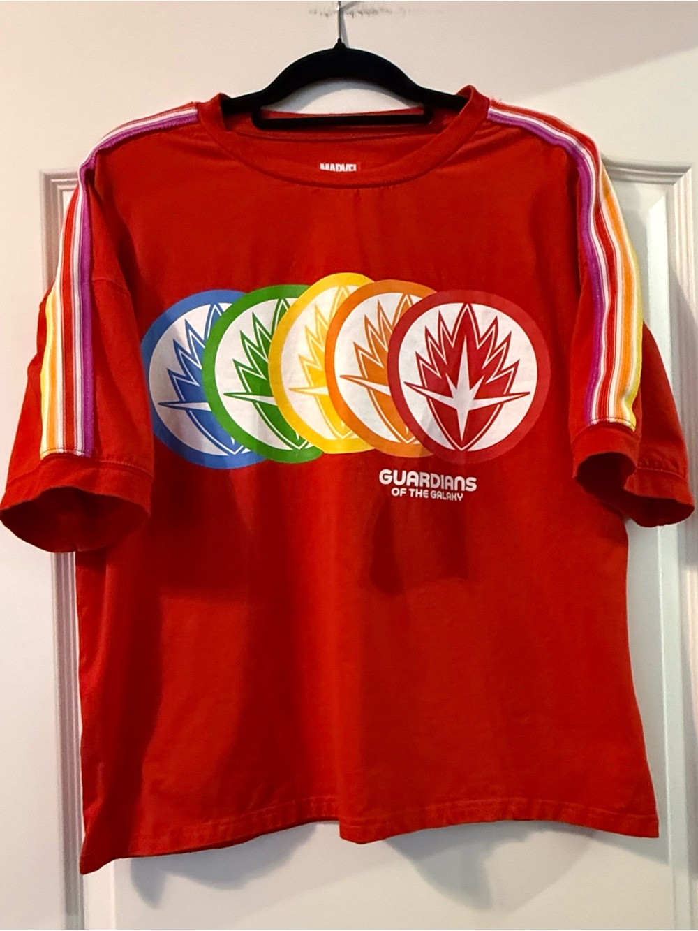 Guardians of the Galaxy Red Graphic Tee with Rainbow Trim Unisex